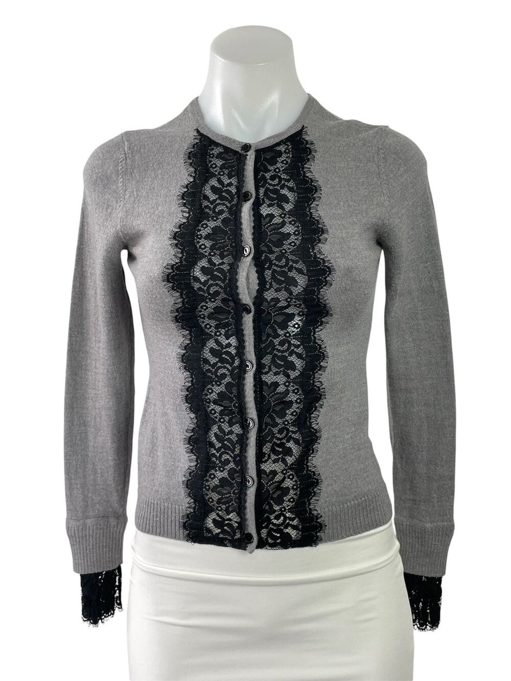 Nanette Lepore Gray Black Lace Trim Long Sleeve Button Down Cardigan Sweater XS
